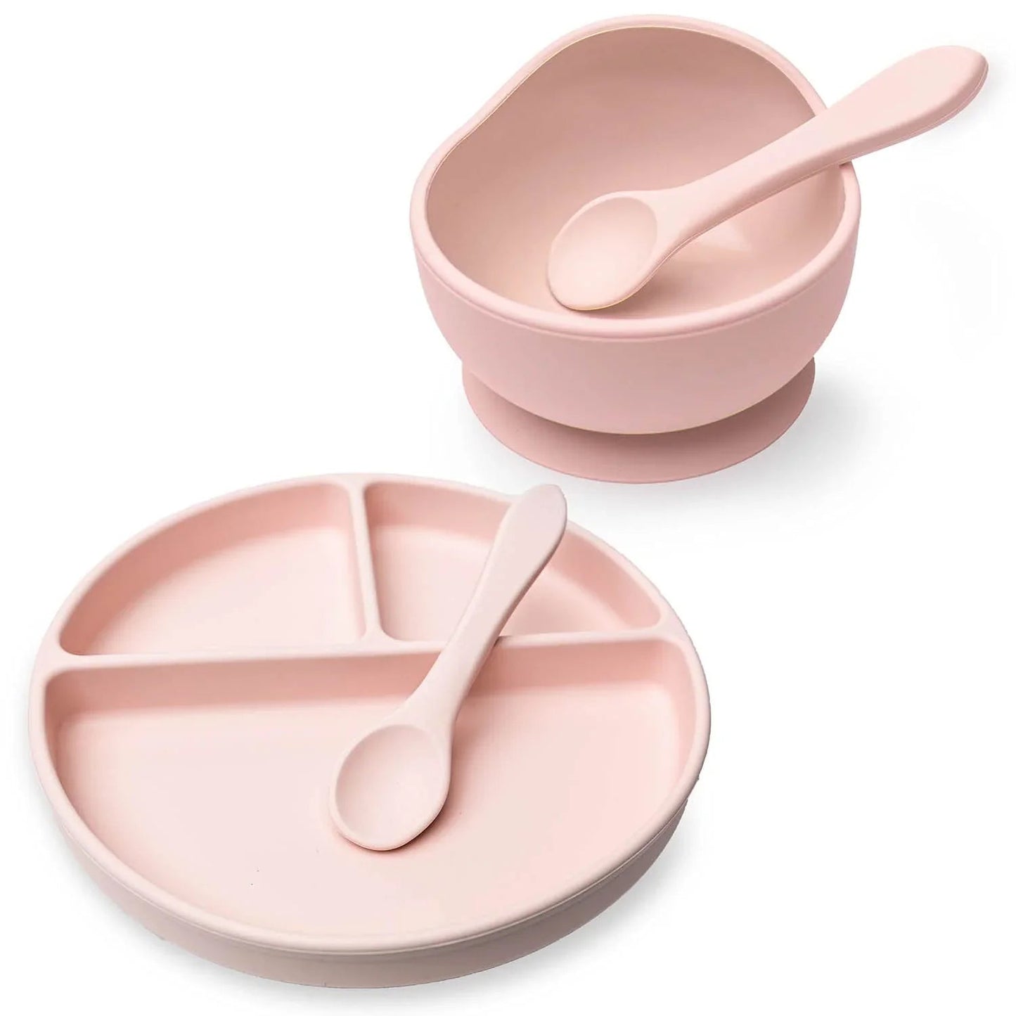 Silicone Suction Bowl & Plate with Spoon & Fork - Peach 4 Pcs Silicone Set - Cutlery