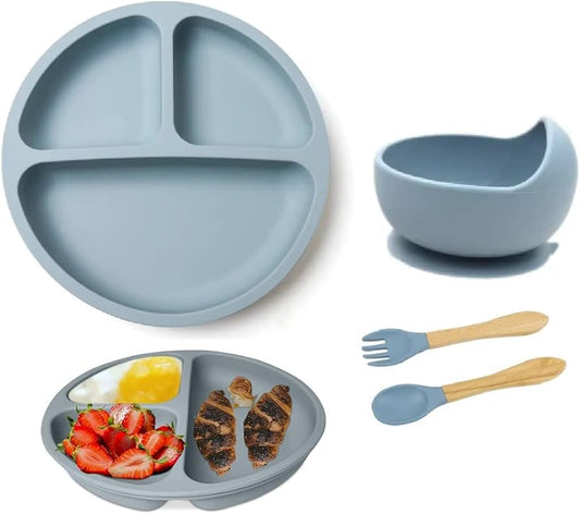 Silicone Bowl & Plate with Spoon & Fork - 4 Pcs Silicone Set - Cutlery