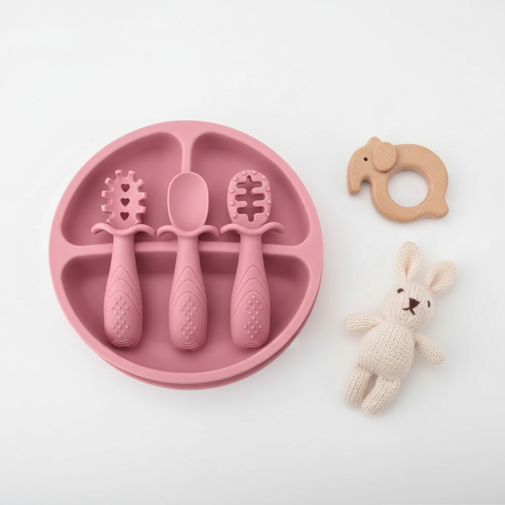 Silicone suction plate with pre spoon set - 4 Pcs plate set - Cutlery