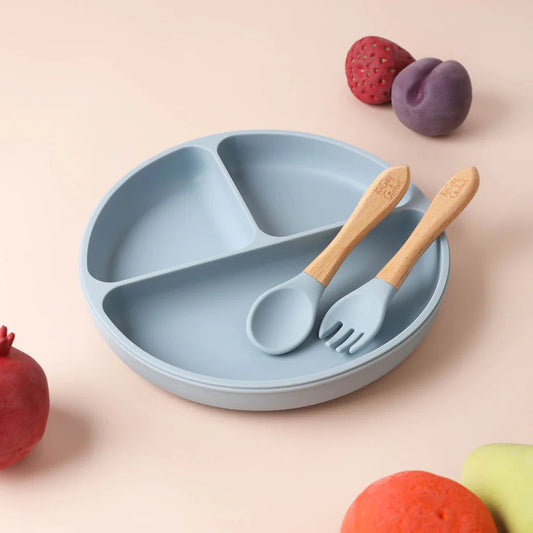 Silicone Suction  Plate with Spoon & Fork - 3 Pcs Plate Set - Cutlery