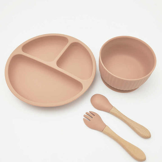 Silicone Suction Bowl & Plate with Spoon & Fork - 4 Pcs Silicone Set - BPA FREE - Cutlery