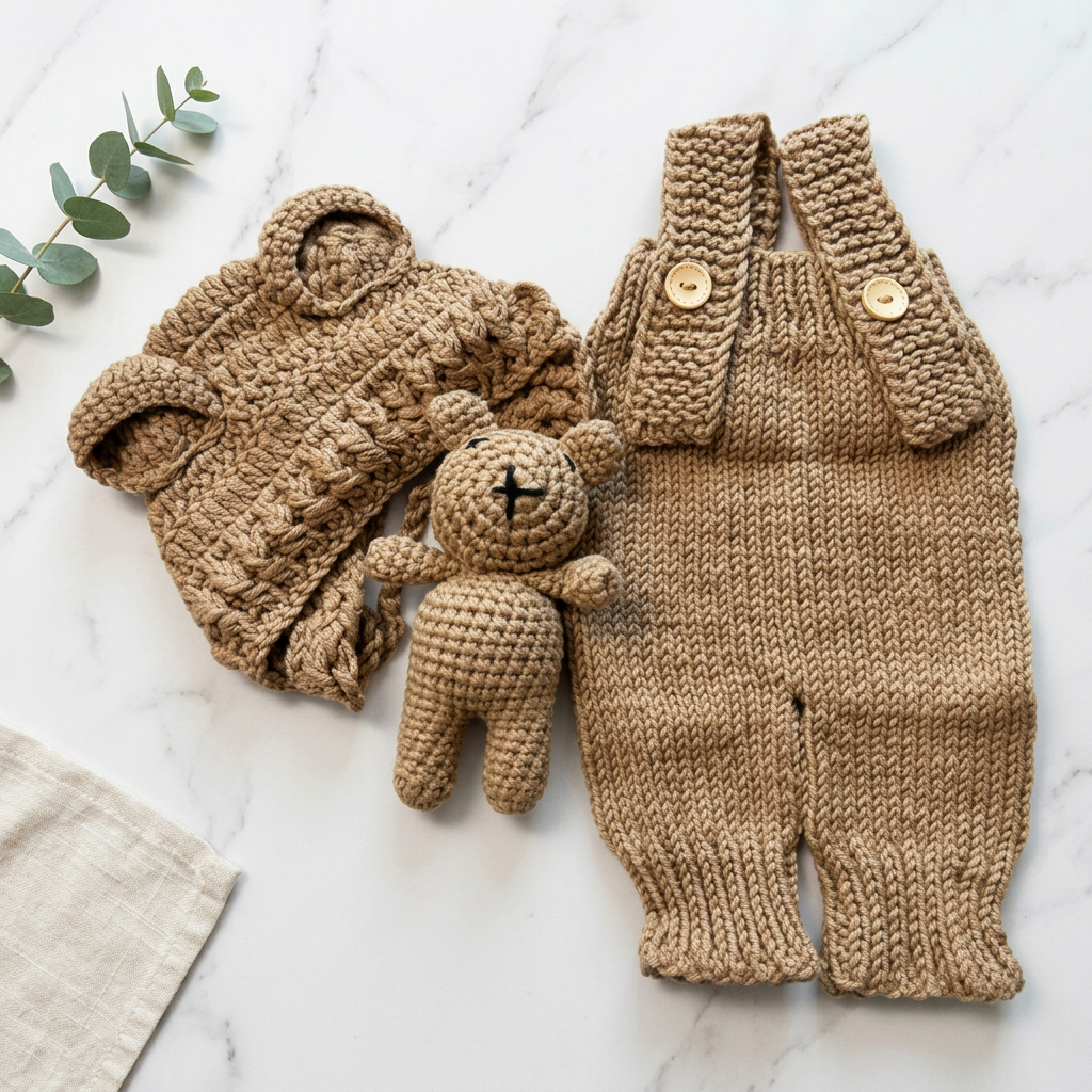 Newborn Photography Outfit, Handmade Knitted Suspenders Romper Set And Bear Ear Hat Teddy Bear Doll Decorative Costume