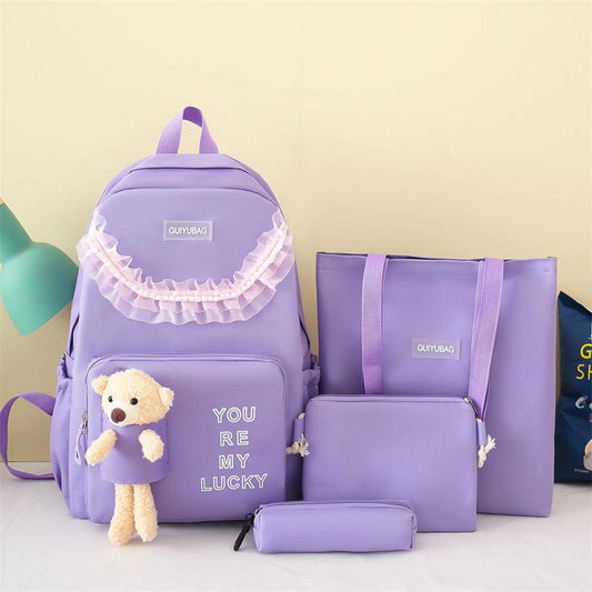 Multi pieces canvas girls cute teddy backpack Korean style trendy backpack - 