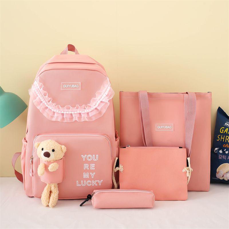 Multi pieces canvas girls cute teddy backpack Korean style trendy backpack - 