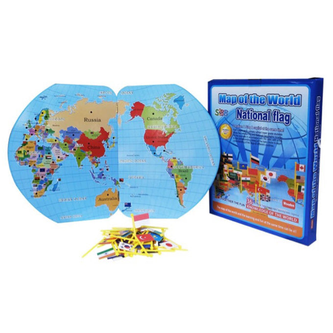 Educational Wooden World Map with 36 National Flags for Montessori Kids - Learning & Education