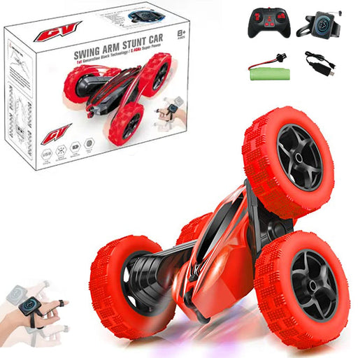 Remote Control Flip Car With Hand Watch Control 2 in 1 – Rechargeable With Lights &amp; Music - Toys For Boys – Red - Toy Sets